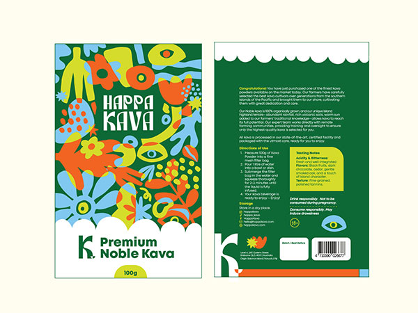 Package Design, Happa Kava Packaging Design, Beverage Packaging Design Australia, Kava Packaging Design, Gen Z Branding, Vibrant Packaging Design, Alcohol Alternative Branding