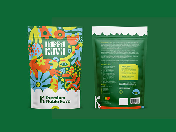 Package Design, Happa Kava Packaging Design, Beverage Packaging Design Australia, Kava Packaging Design, Gen Z Branding, Vibrant Packaging Design, Alcohol Alternative Branding