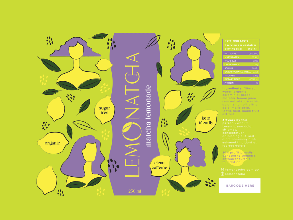 Drink Packaging Design, Matcha Packaging Branding, Lemonade Packaging Design, Lemonade Matcha Packaging Design