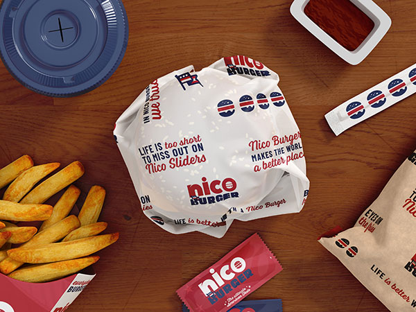 Nico Burger American Burger Branding, Food Truck Branding Australia, Burger Packaging Design, American Diner Visual Identity, Street Food Brand Design, Bold Logo Design Australia, Burger Brand Packaging