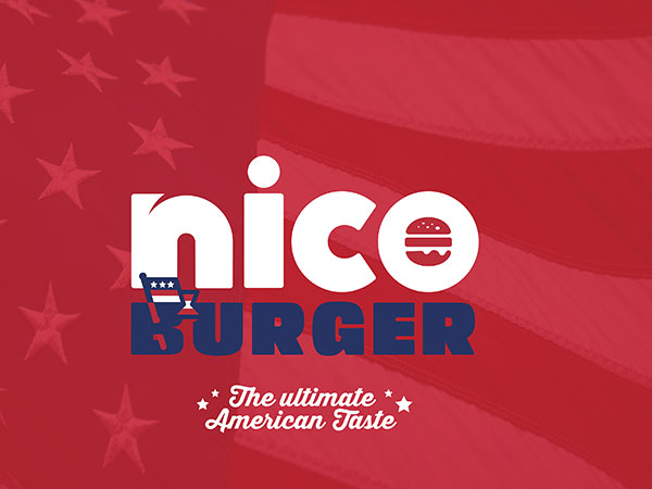 Nico Burger American Burger Branding, Food Truck Branding Australia, Burger Packaging Design, American Diner Visual Identity, Street Food Brand Design, Bold Logo Design Australia, Burger Brand Packaging