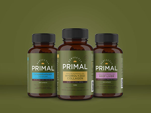 Perfectly Primal Supplements Packaging Design, Supplement Branding Australia, Health and Wellness Package Design, Nutritional Supplements Packaging, Australian Supplement Label Design, Modern Packaging Design