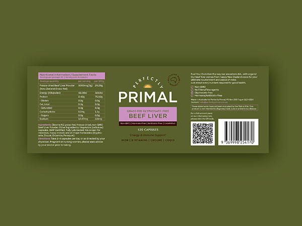 Perfectly Primal Supplements Packaging Design, Supplement Branding Australia, Health and Wellness Package Design, Nutritional Supplements Packaging, Australian Supplement Label Design, Modern Packaging Design
